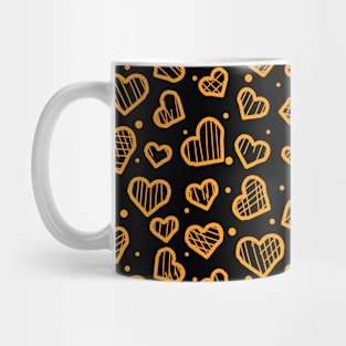 Orange Artistic Sketchy Hearts Seamless Pattern on Black Background Mug